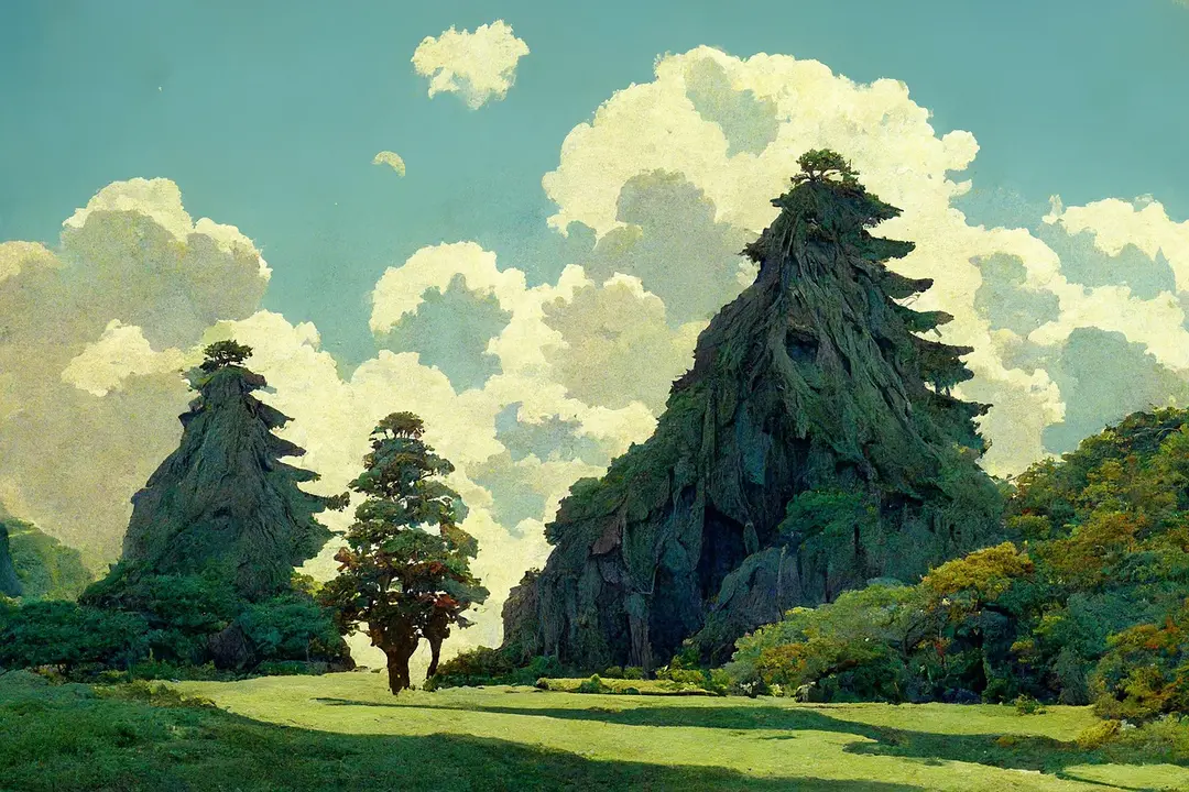 Painting of tree-crowned crags under summer clouds