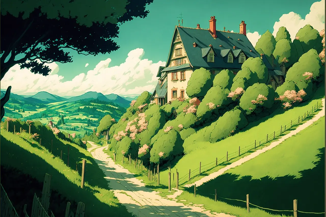 Painting of a house on a green hillside