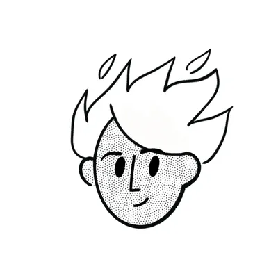 Line-art portrait of Tiago, hair drawn as little flames